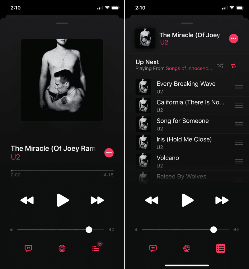 iOS 13 Up Next and Repeat in Apple Music